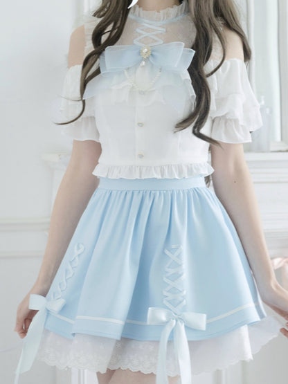 イリュージョンスカートショルダーブルークロスオープンホワイトデザイントップ+ネックラインケイセットジライ