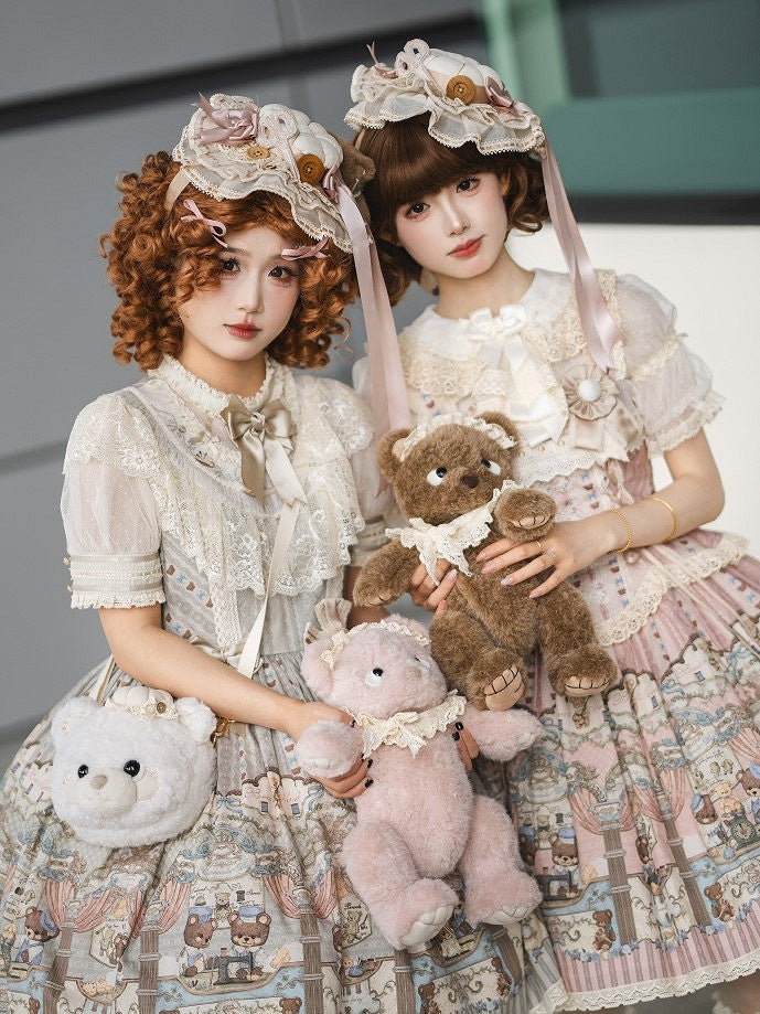 Dress with Sweet Accents Green Bow Bear Lace-Trimmed Lolita Printed