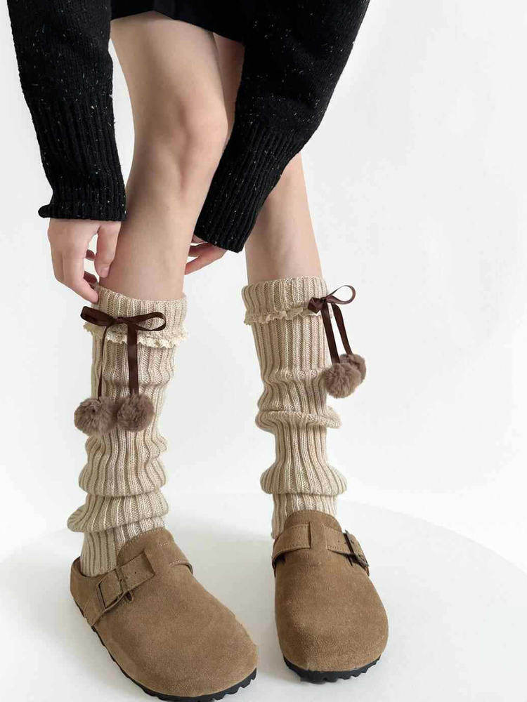 Details Bow Ribbed Warmers Leg with Khaki Pom-Pom