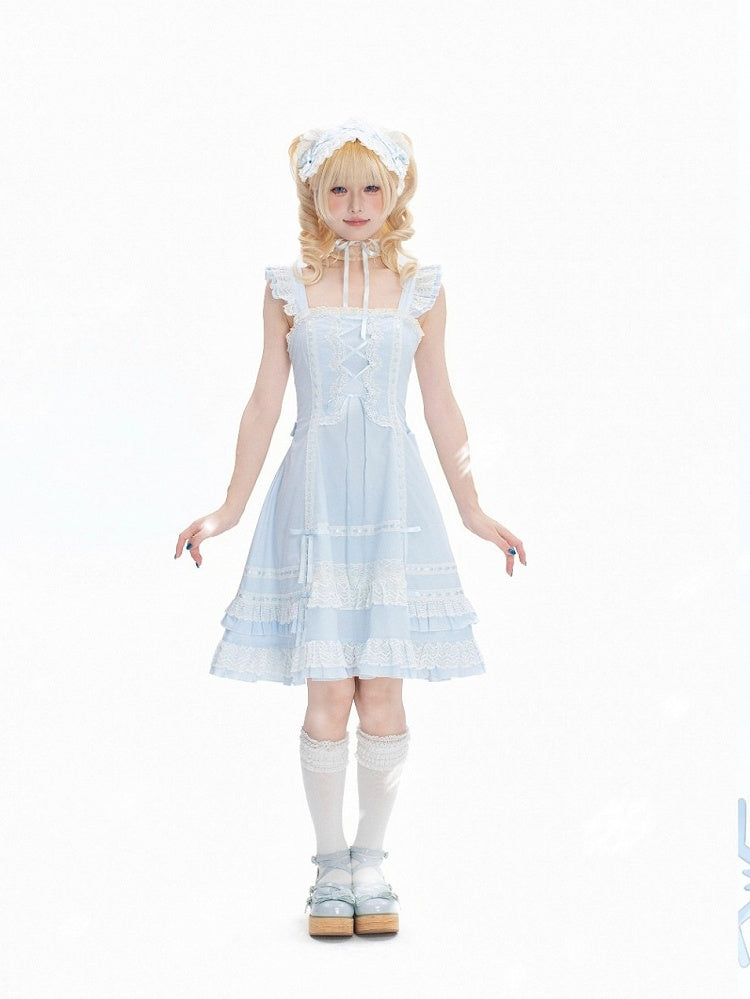 Snowfall-Themed Blue Cotton JSK Dress with Vintage Ruffle Accents