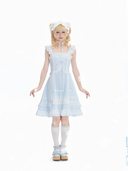 Snowfall-Themed Blue Cotton JSK Dress with Vintage Ruffle Accents