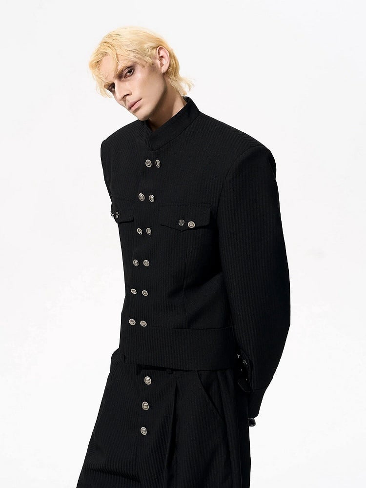 Stripe Black with Unisex Double-breasted Shoulders Padded Mock Button Placket Jacket Neck