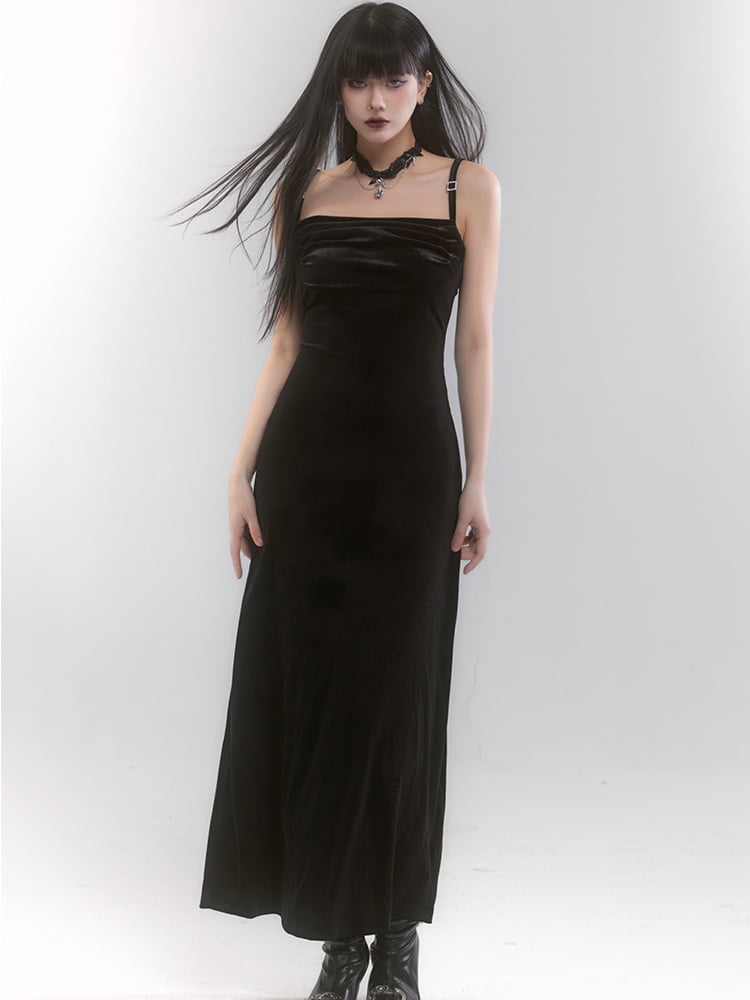 Black Velvet Side Slit Slip Dress