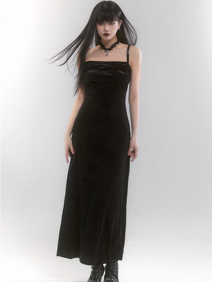 Black Velvet Side Slit Slip Dress