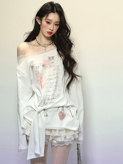 White Asymmetrical Neckline Printed Top with Tie Detail