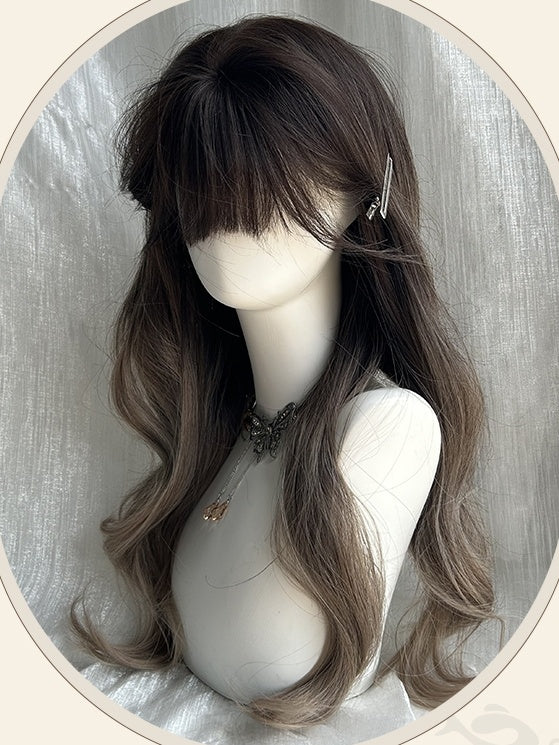 Braune Ombre-Perücke, lang, gewellt, Kunsthaar, mit Pony
