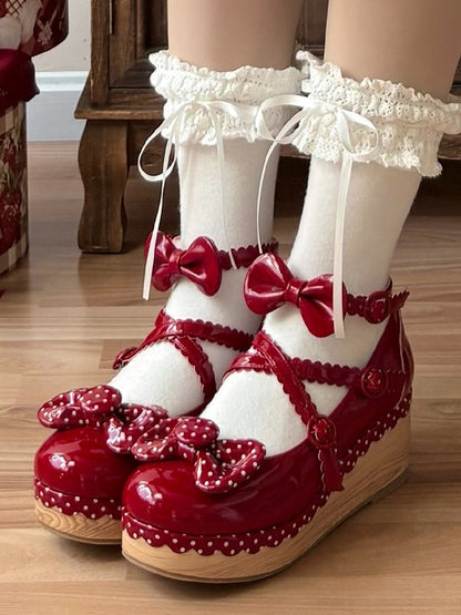 Lolita Leather Red Polka-dot PU Wedge Pattern Mary Janes Polished - Sweet