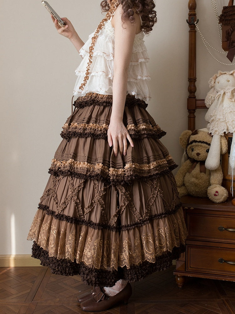 Skirt Teddy Details Embroidery Pink Coffee Fashion House Lolita