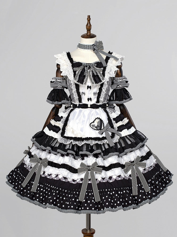 Lolita Tiered Oreo Set JSK Full Accents White Cake Bow Skirt Sweet Black and