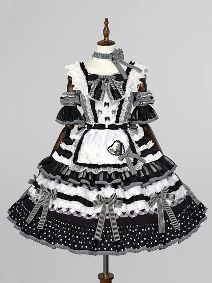 Lolita Tiered Oreo Set JSK Full Accents White Cake Bow Skirt Sweet Black and