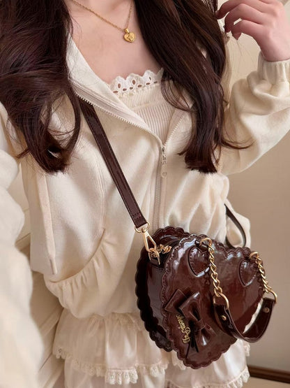 in Style Cookie PU Bag Brown - Heart 2-Way Closure Zipper Bow Lolita with Decor