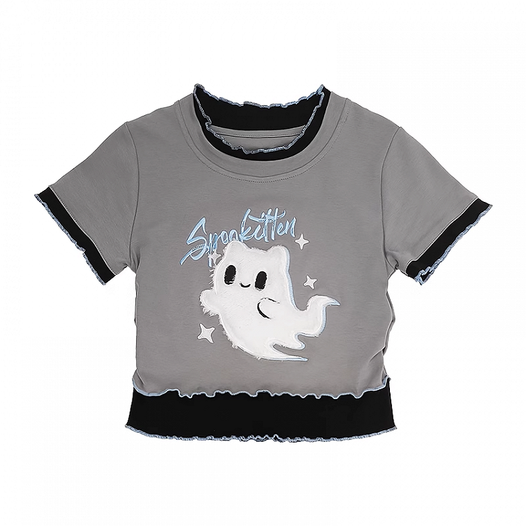 Zweiteiliges Y2K Faux Ghost Stickerei Salat Saum T-Shirt Grau Plüsch