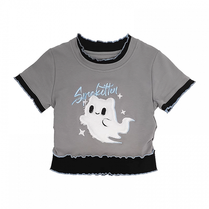 ツーピース Y2K フェイクゴースト 刺繍 レタス裾 Tシャツ グレー プラッシュ