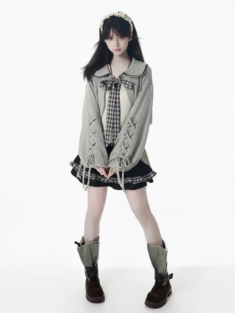 Lace-Up Dusty Set Pan Knit Gray Collar Kei and Cami with Sleeves Beige Peter Cropped Top Mori