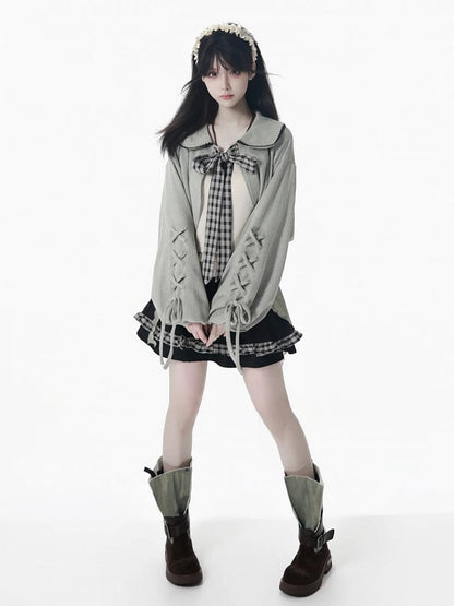 Lace-Up Dusty Set Pan Knit Gray Collar Kei and Cami with Sleeves Beige Peter Cropped Top Mori