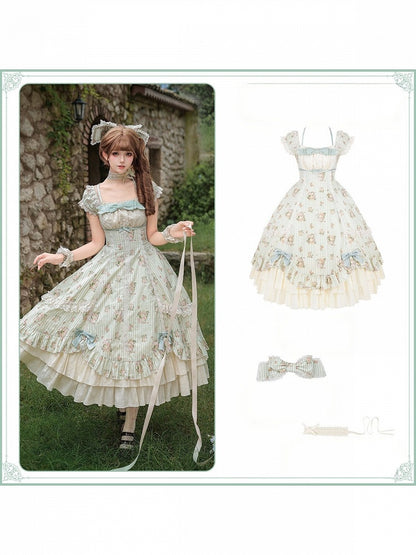 Green Striped Floral One-Piece Gown with Hair Bow & Choker - With PUJI