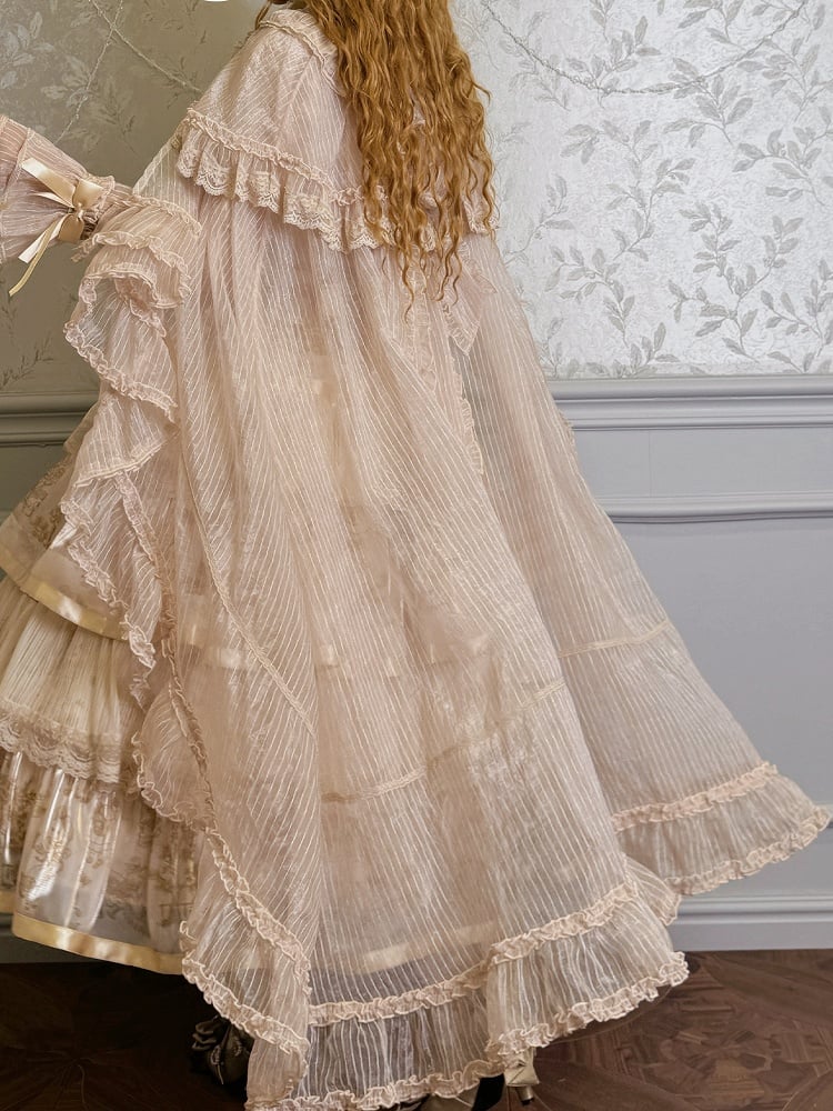 Cascading Trimming Cloak Ruffle Self-tie Neckline Champagne Bow Big