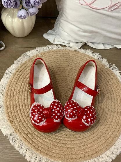 Sweet Lolita Wine Red Low-heel/Mid-heel Mary Janes with Lace Trim and Polka Dot Bow, Snap Design