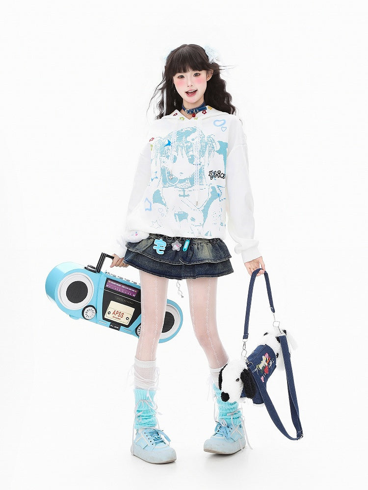 Hoodie White/Pink Lace and Girl Cartoon Winged Print Drawstrings with