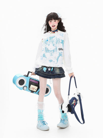 Hoodie White/Pink Lace and Girl Cartoon Winged Print Drawstrings with