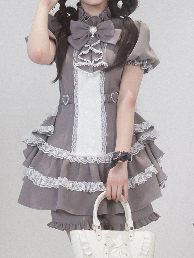 Dress Draped Sleeve Gothic Set: Kei Side Coord with Gray Jirai Puffy Train