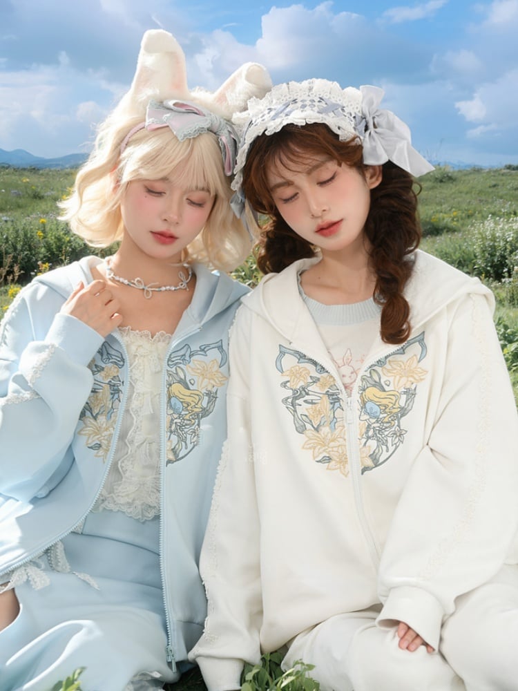 Blue/White Alice in Wonderland Embroidered Zip Closure Hoodie