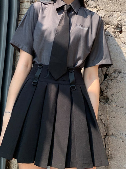 Black High Waist Box Pleat Overall Skirt