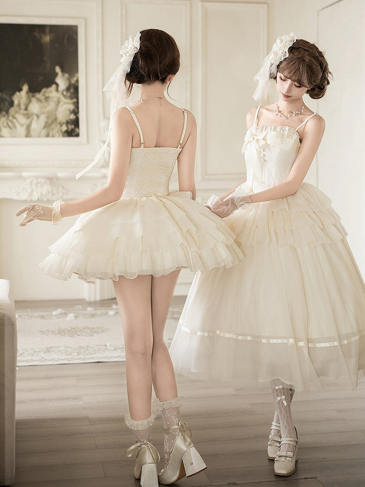 Boned Corset Waist Spaghetti Straps Dress Lolita JSK with Tiered Skirt - With PUJI
