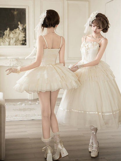 Boned Corset Waist Spaghetti Straps Dress Lolita JSK with Tiered Skirt - With PUJI
