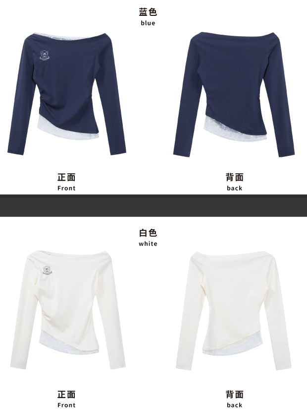 Marineblaues Top mit asymmetrischem Ausschnitt und Spitzenakzenten