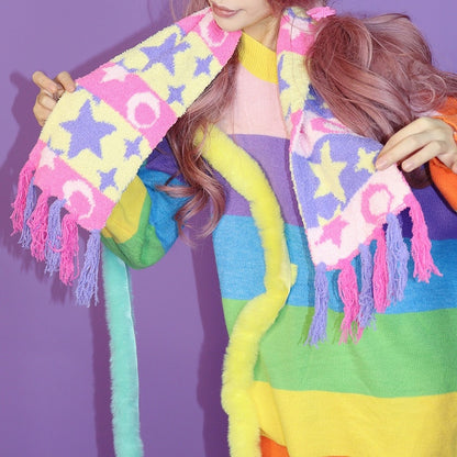 星とカラフルな月のストライプ柄スカーフ Y2K