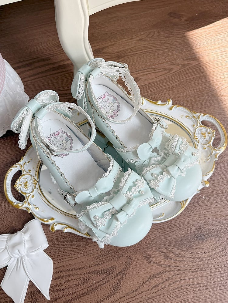 Low Sweet Green Mint Accents with Heart Heels Snap Bow Round-Toe Lolita
