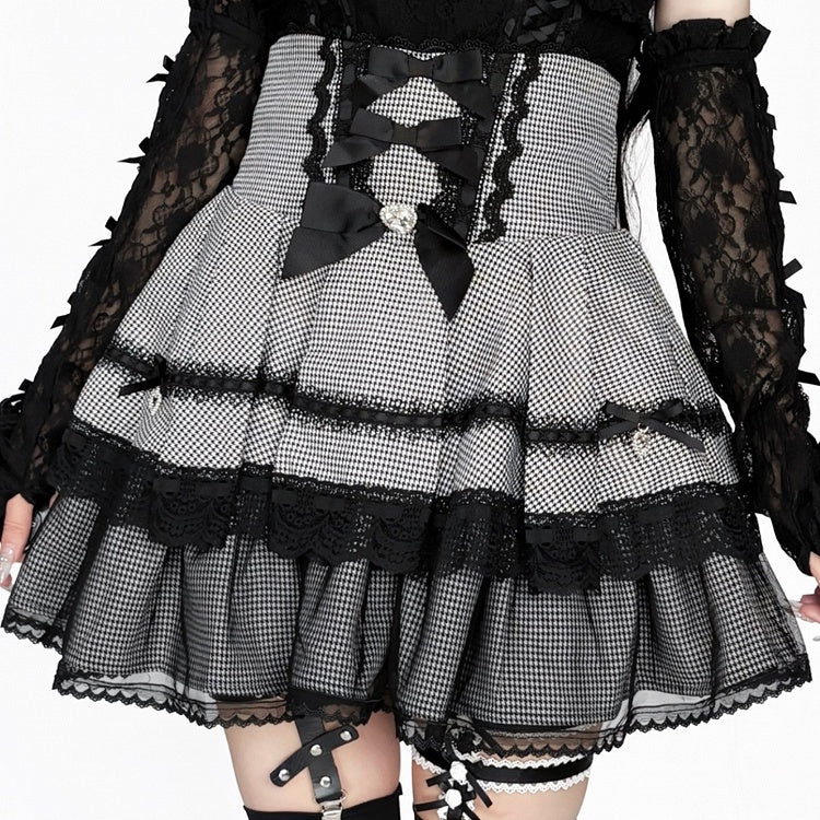 Double-Layer Black Kei Jirai Bow Houndstooth Decoration White Rhinestone Lace with Skirt Detail High-Waisted Tulle