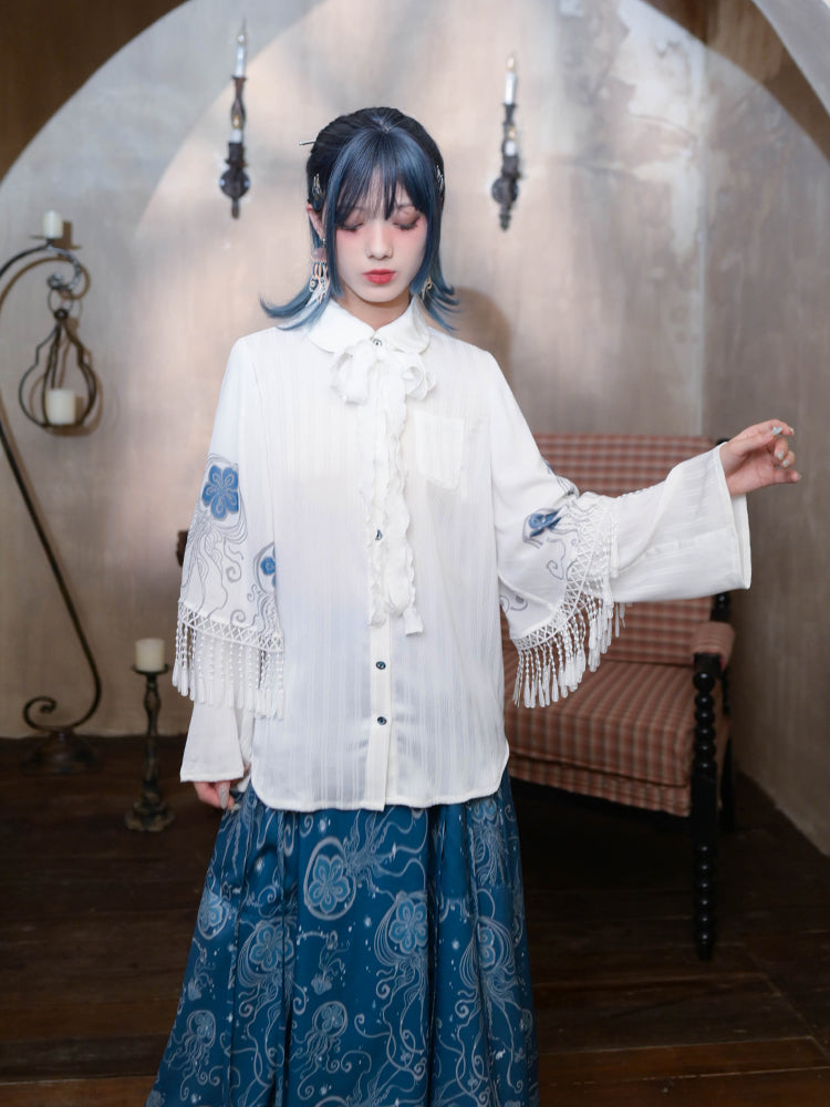 White Peter Pan Collar Bell-Sleeve Shirt with Jellyfish Print & Ribbons - Quirky Hut