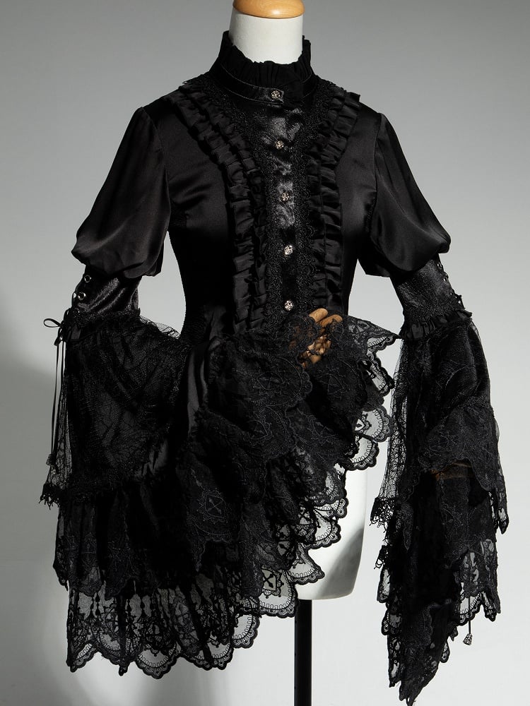 Hals Aristocrat Patched Fashion Spitzenärmel Schwarzes Hemd Ouji Bell Lolita Rüschen