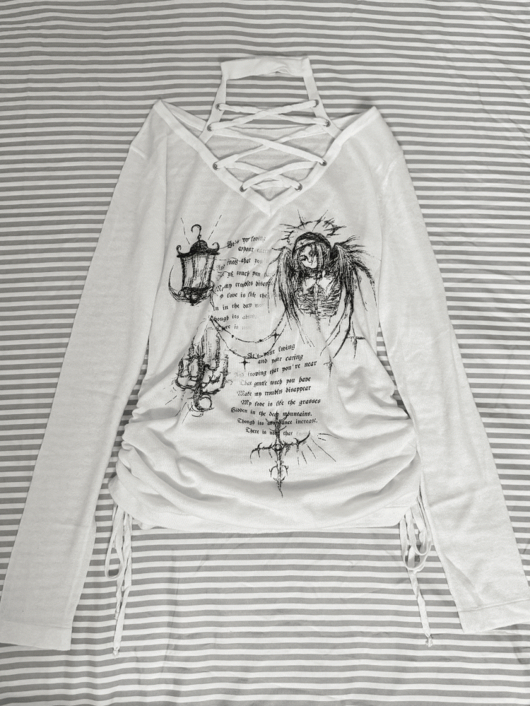 Cross White Print Side Drawstring Details Lace-Up Halter Top with Candlelight Shadow