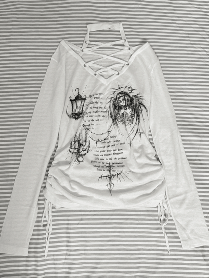 Cross White Print Side Drawstring Details Lace-Up Halter Top with Candlelight Shadow