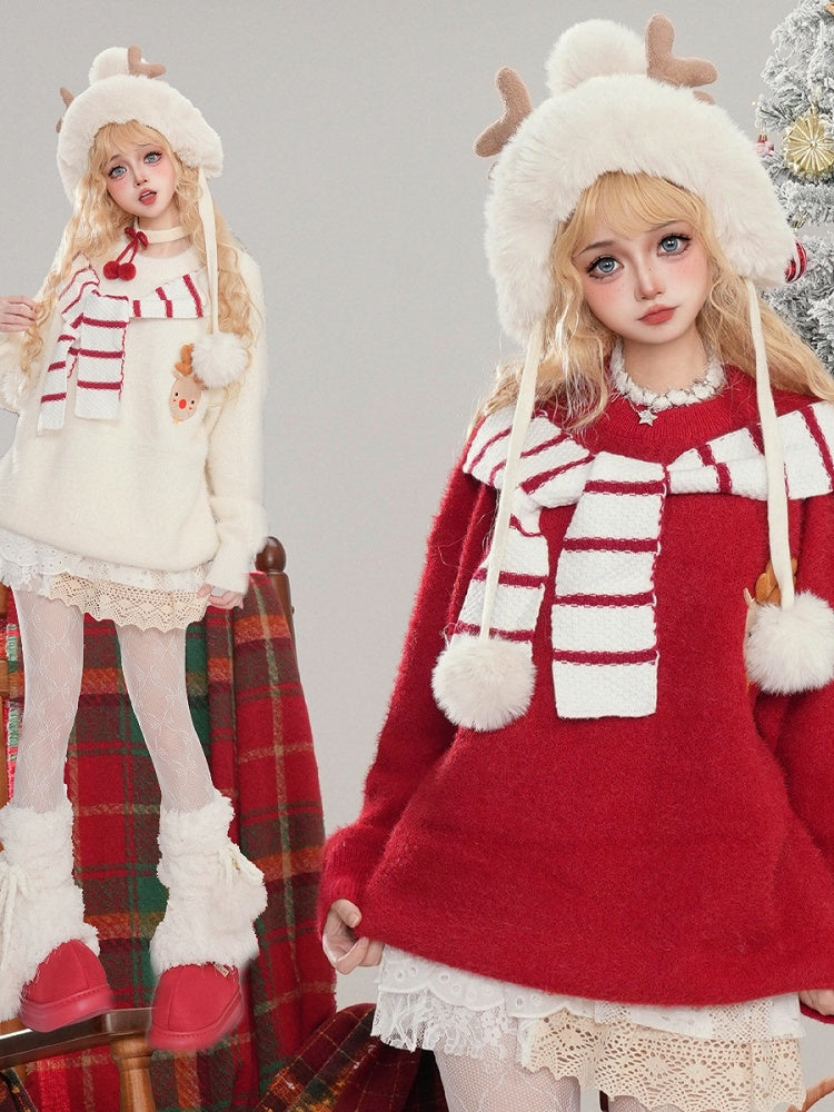 Christmas Wine Red/White Cute Reindeer Applique Scarf Design Soft Sweater