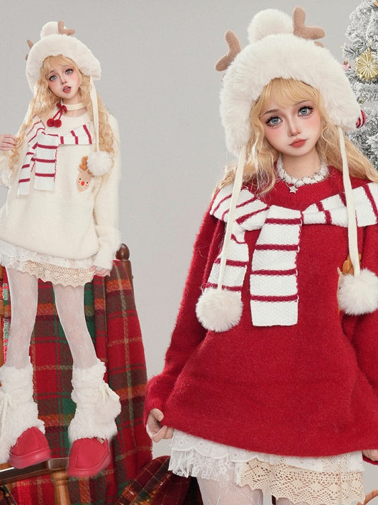Christmas Wine Red/White Cute Reindeer Applique Scarf Design Soft Sweater