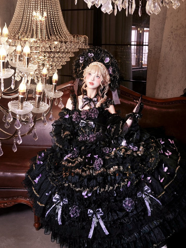 Ankle-Length Black & Purple Hanayome Hime Dress with Butterfly and Flower Accents - Cat Fairy Lolita