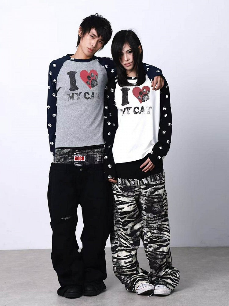 Gray & Black Cat Paw Print Round Neck Long Sleeve Top - DETW OnLine
