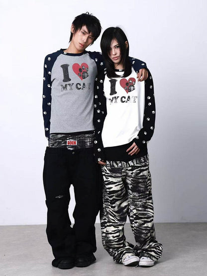 Gray & Black Cat Paw Print Round Neck Long Sleeve Top - DETW OnLine