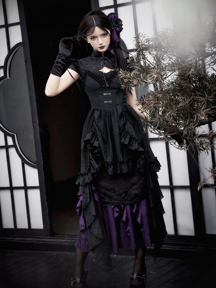 Voller Jacquard-Saum Qi Rüschen Set Schwarz Qipao Cthulhu Lolita Kleid Vibes Lila Trim Cascading