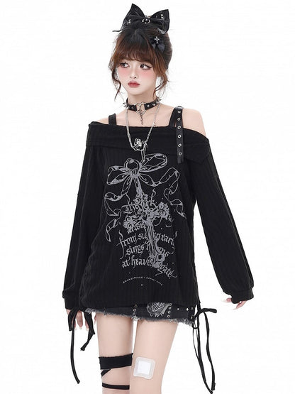 Edgy Bittersweet Black Print Waist Off-Shoulder Top: Drawstring Gray