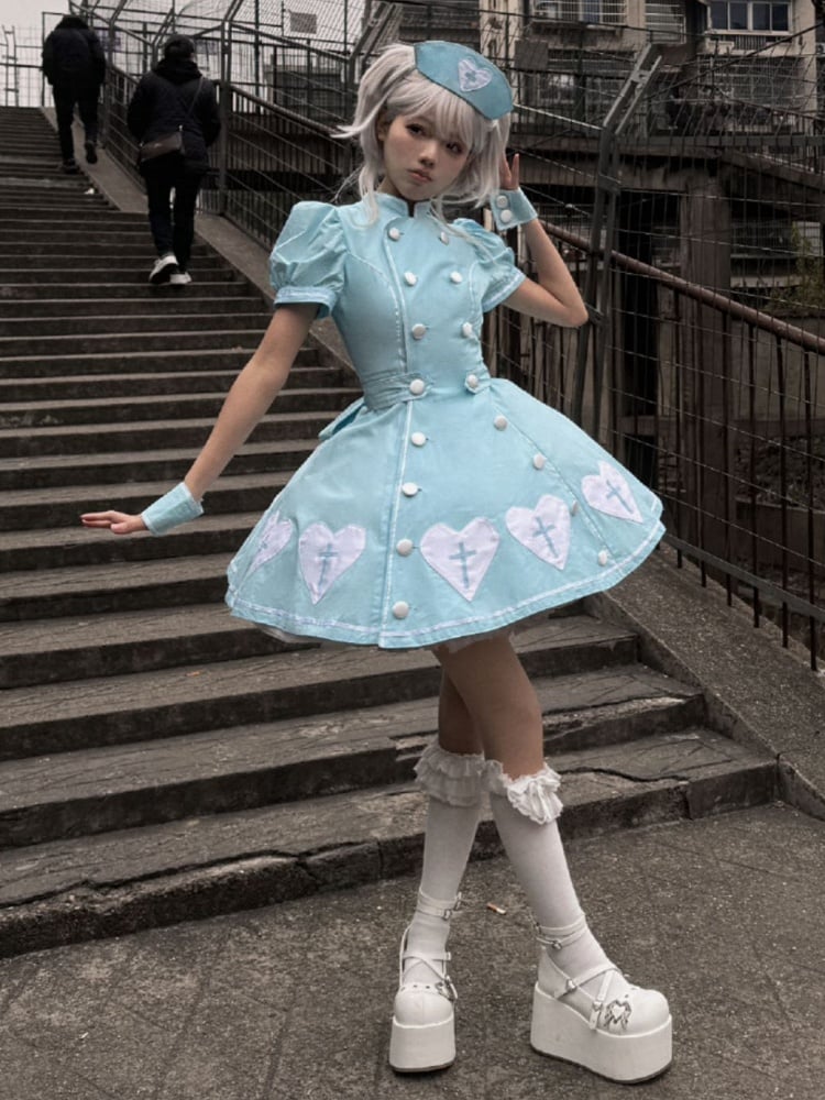 Kleid Herz Lolita Patches Puff Krankenschwester Blau Kreuz Ärmel Weiß