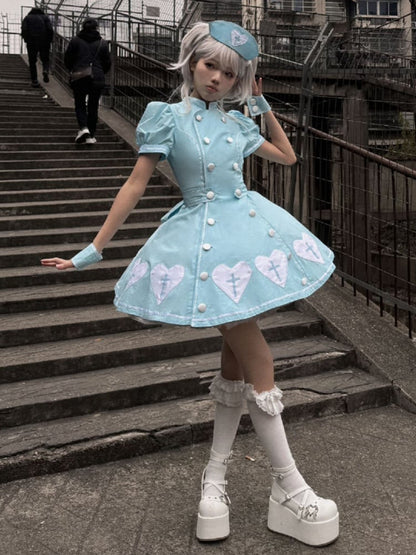 Heart Puff Patches Sleeves Lolita Blue White Dress Nurse Cross