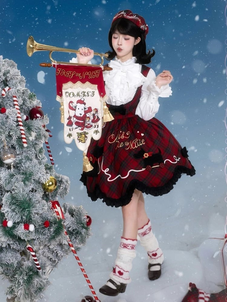 Winter Jumper Skirt in Red Plaid with Cute Puppy Patchwork - iris de nuit