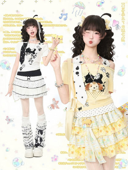 Halter Top with Kitten Embroidery & Polka Dots, Yellow, Short Sleeve - Languid Park