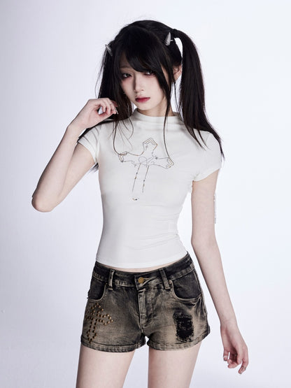 Glamorous Denim Shorts Taille Kreuz Nieten Distressed Schwarz Niedrig