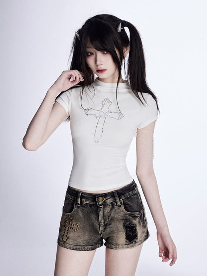 Mock Neck Cross Rhinestones T-Shirt Pink/White/Black